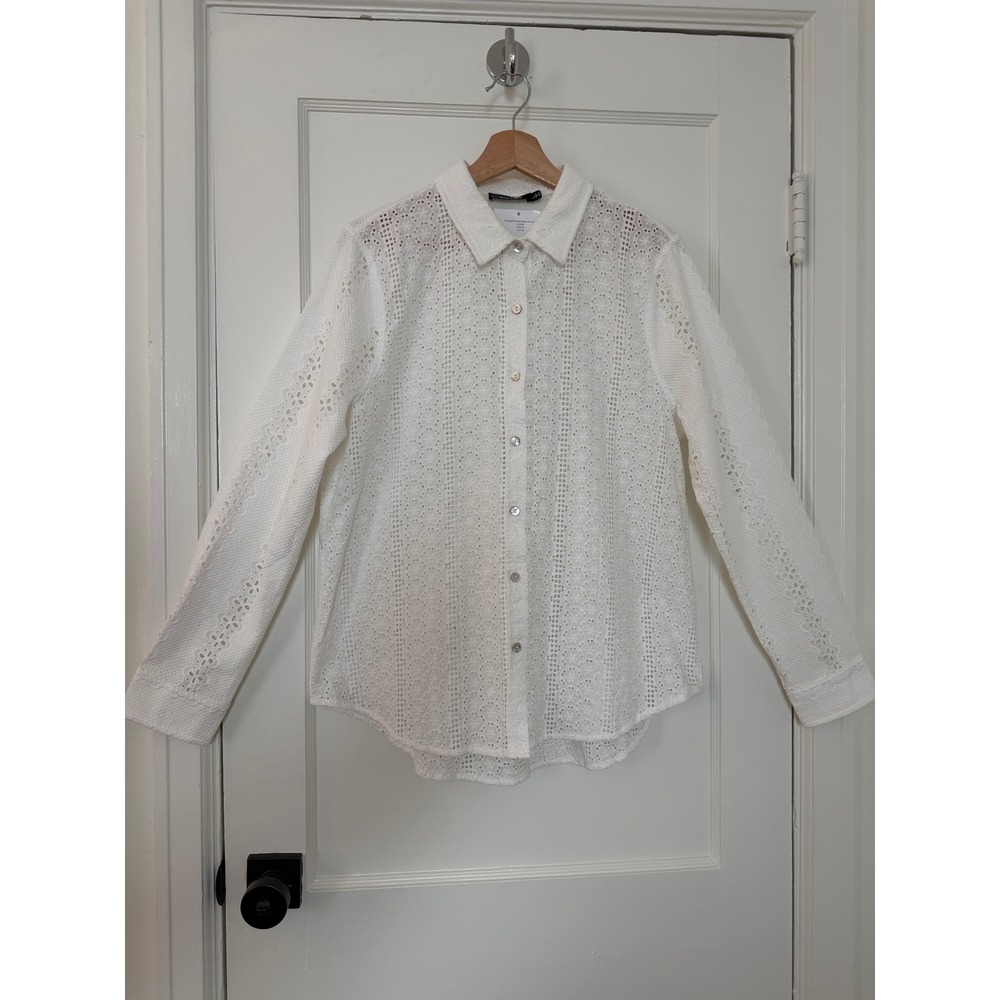 White Cotton Eyelet Button Front Top Blouse Size Large Cottagecore Boho Classic‎